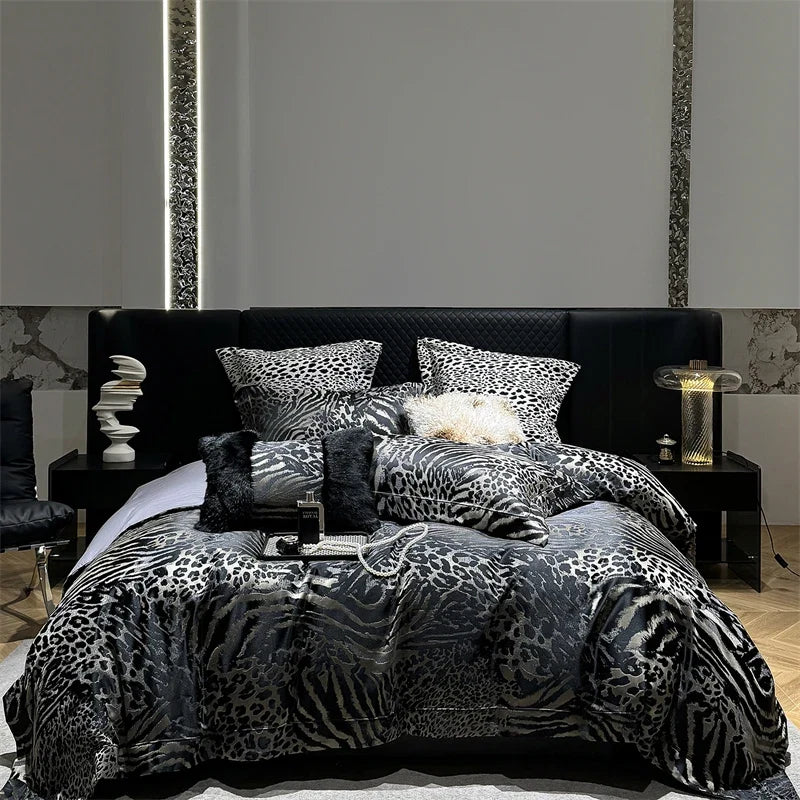 4Pcs Luxury Leopard Print Jacquard Bedding Set
