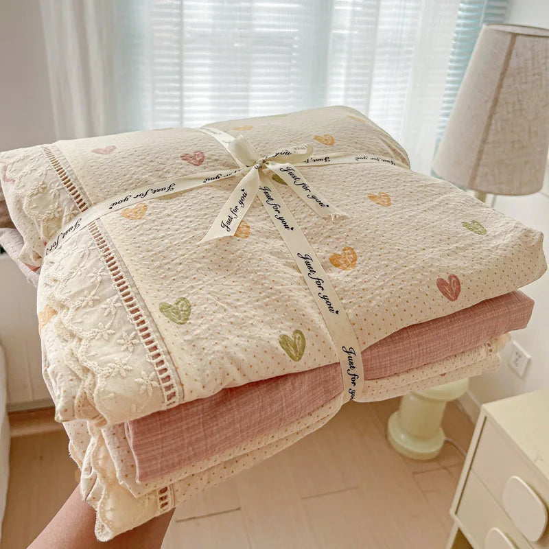 4pcs Floral Printed Duvet Cover Set Korean Lace Bedding Set