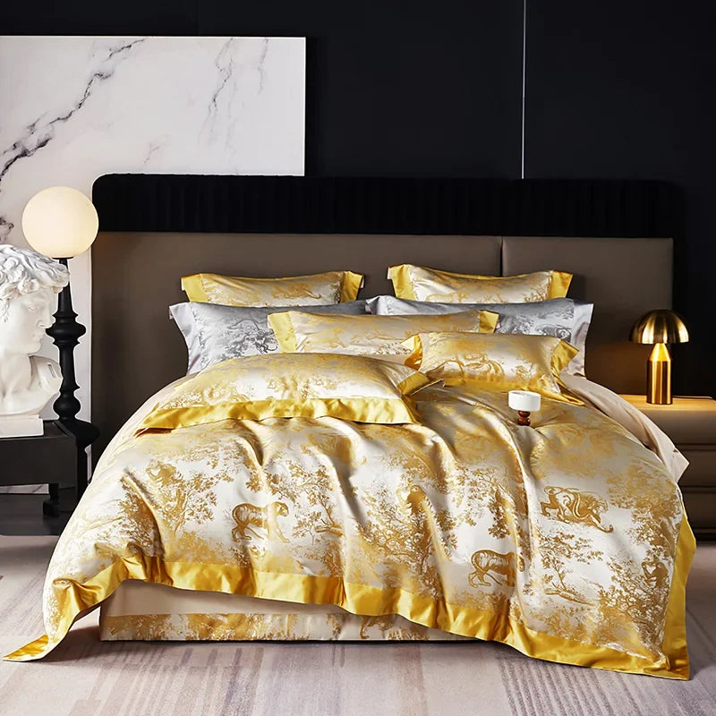 4/6Pcs Luxury Beige Gold Brocade Jacquard Egyptian Cotton Patchwork Bedding Set