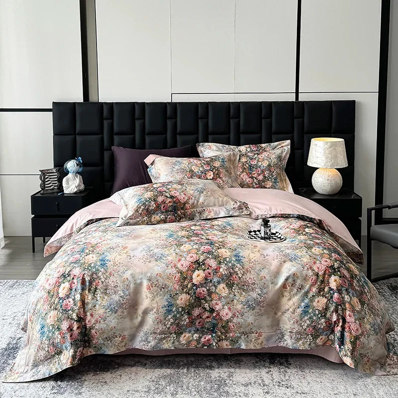Luxury 1000TC Egyptian Cotton Flowers Prints Oil Painting Style Bedding Set