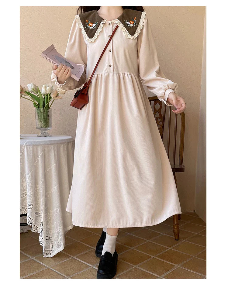 Forest Flower Corduroy Cottagecore Dress with Embroidery