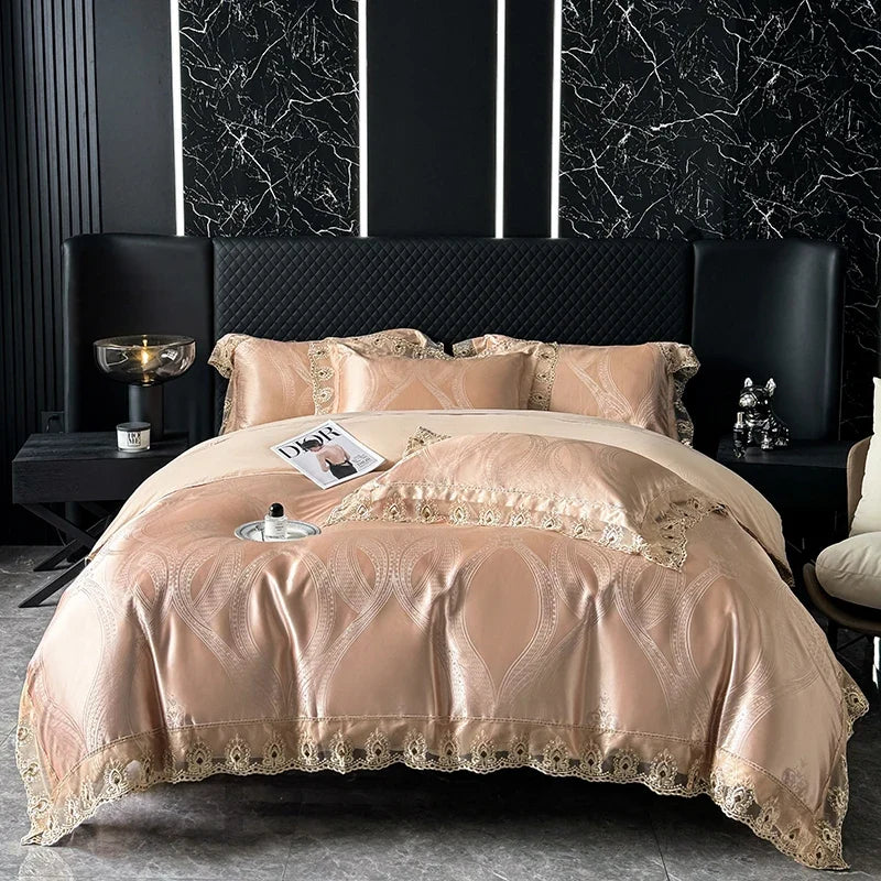 Luxury Euro Gold Satin Jacquard Lace Bedding Set