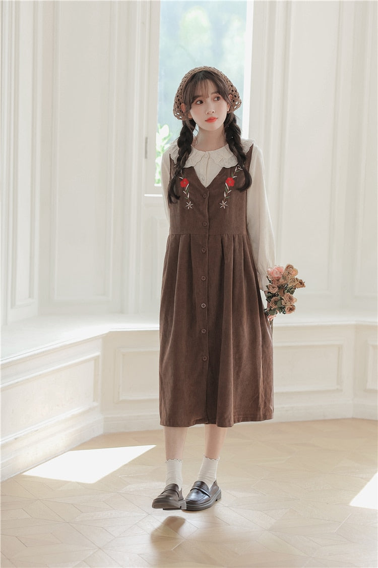 Meadow Petal Corduroy Flower Embroidered Cottagecore Dress