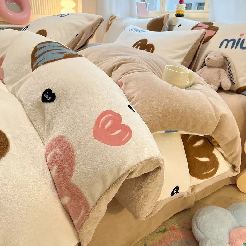 Cute Cartoon Winter Warm Quilt Cover Set Queen Bedding Set