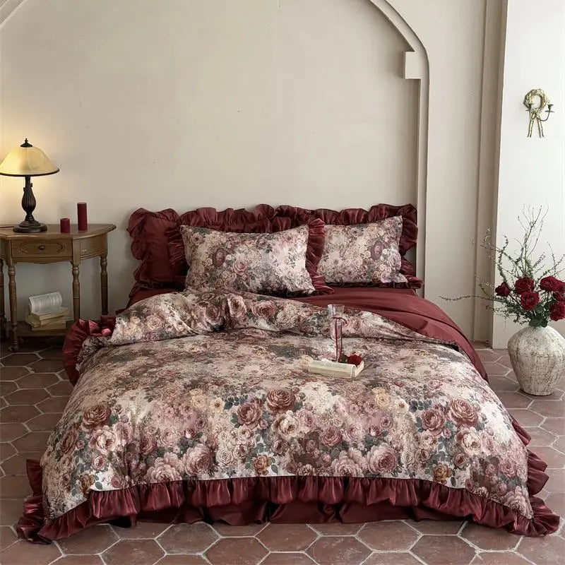 1000TC Egyptian Cotton Vintage French Rose Flowers Print Lace Ruffles Bedding Set