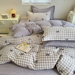 Grey Duvet Cover Set with Bow Fashion Twin Queen Size Girls Boys Flat Sheet Pillowcase No Filler Soft Summer Home Bedding Set