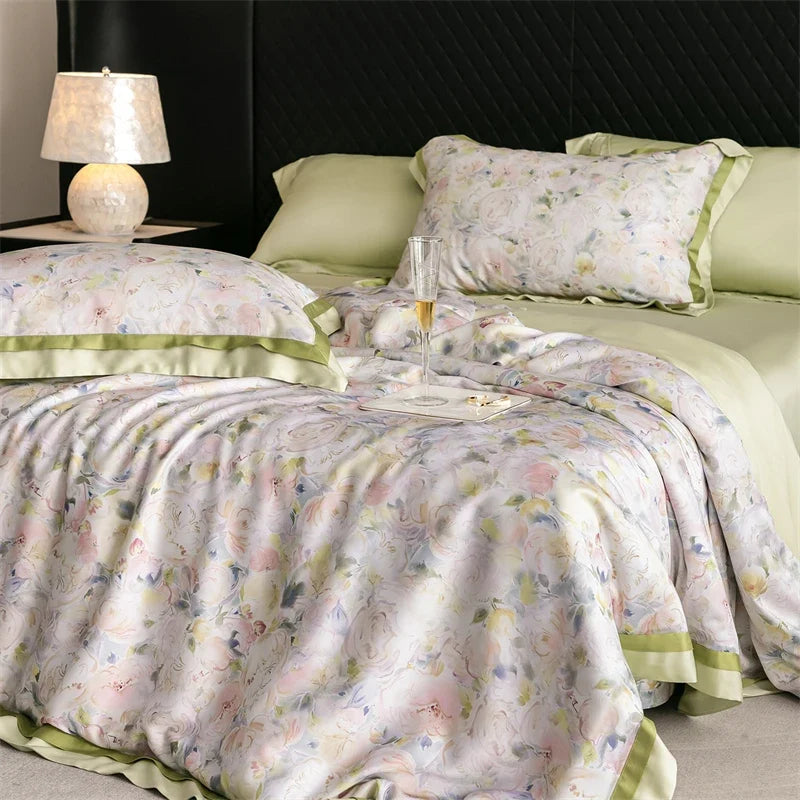 82% lyocell, 8% silk and 10% nylon soft silky flowers digital printing Bedding Set