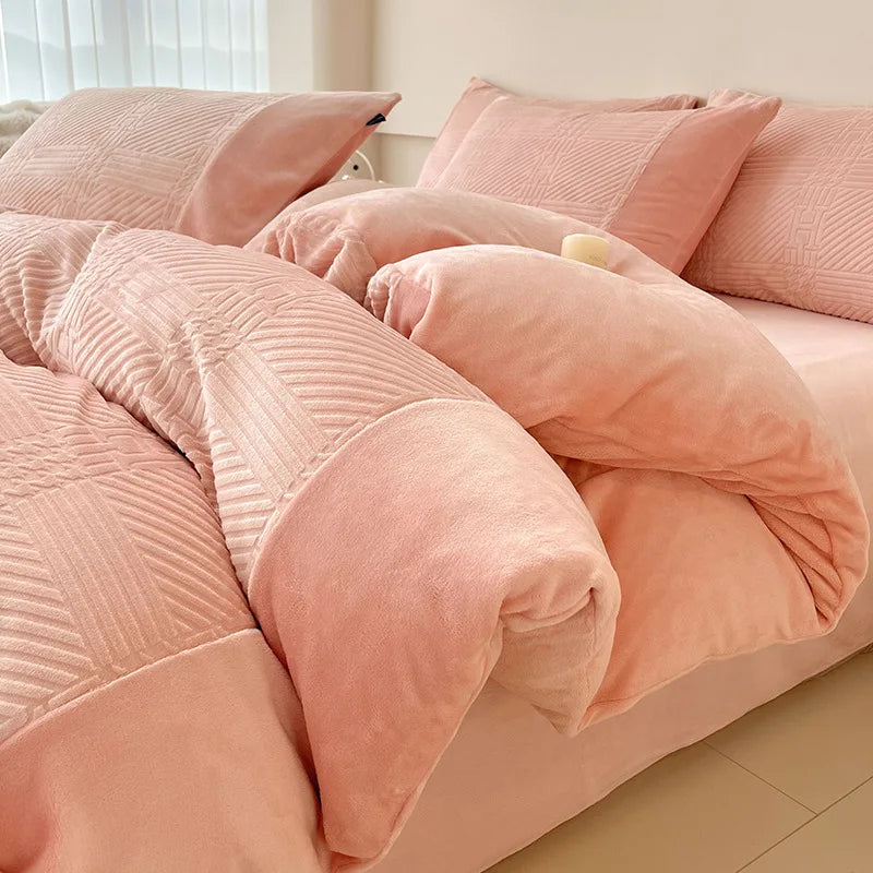 Winter Carved Milk Velvet Duvet Cover Set with Sheet and Pillowcase Thicken Bedding Set