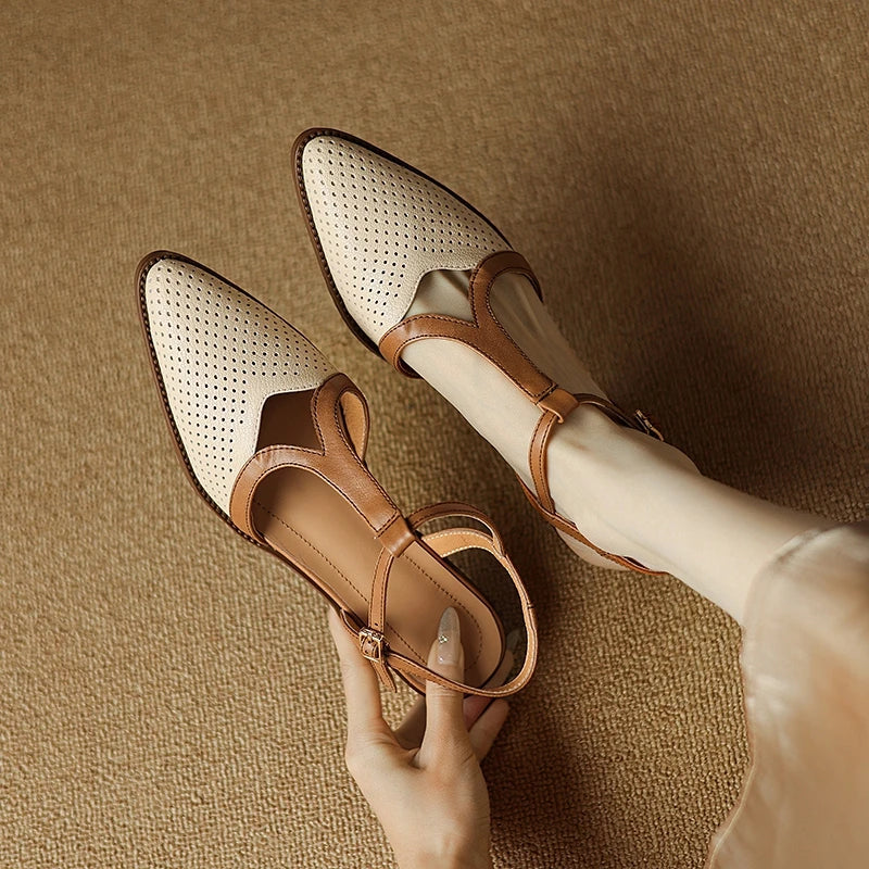 Sheepskin Hollow Breathable Elastic Buckle Middle Heel