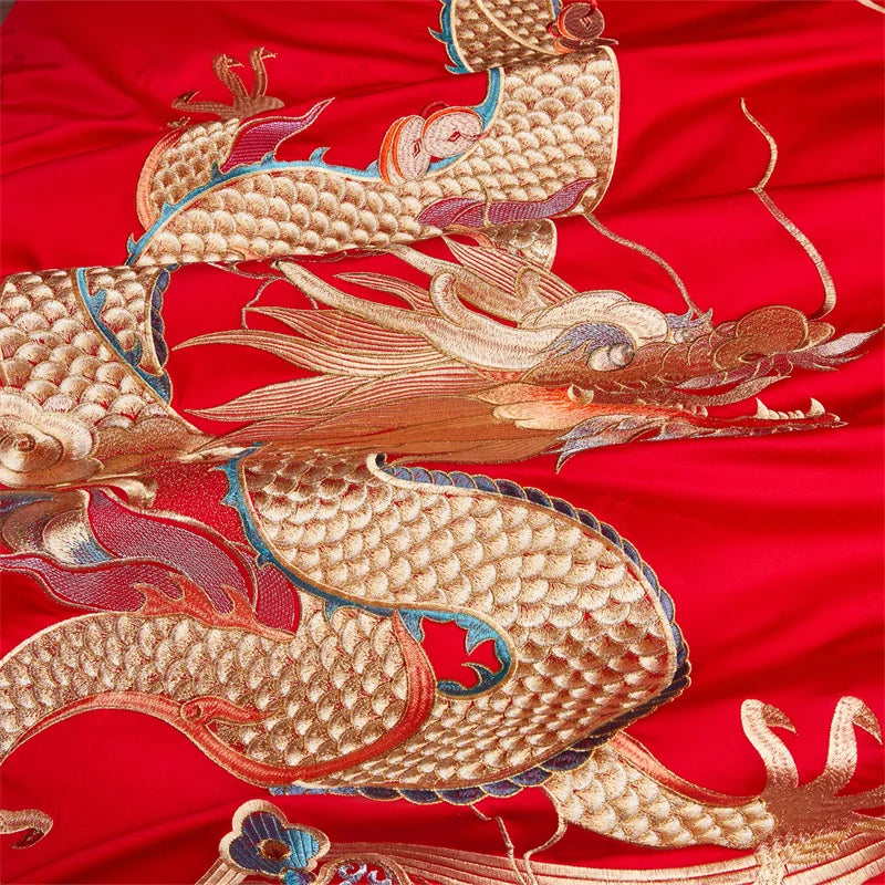 Luxury Gold Dragon Phoenix Embroidery Chinese Style Wedding Bedding Set
