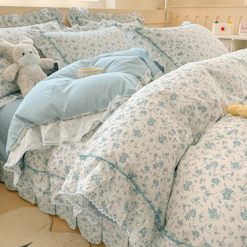Korean Princess Style Rose Floral Ruffle Bedding Set