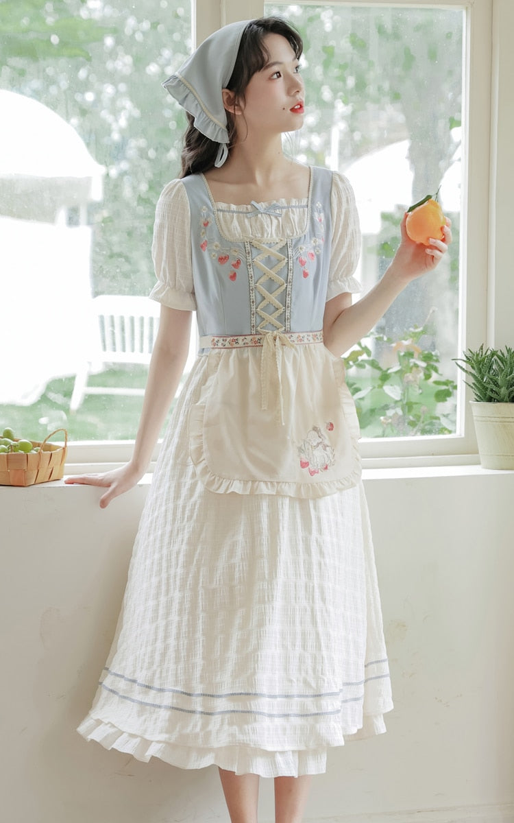 Strawberry Garden 3-Piece Set Cottagecore Dress with Head Scarf