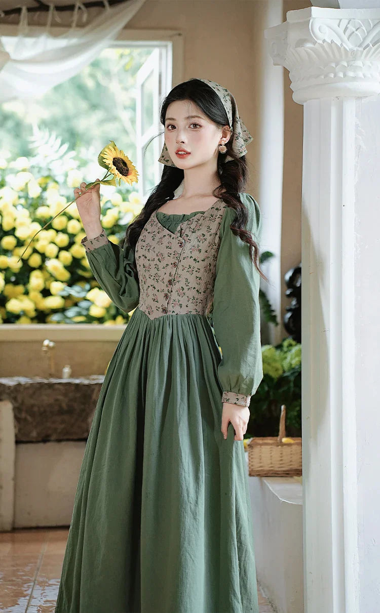 Sunflower Garden Cottagecore Dress with Headscarf
