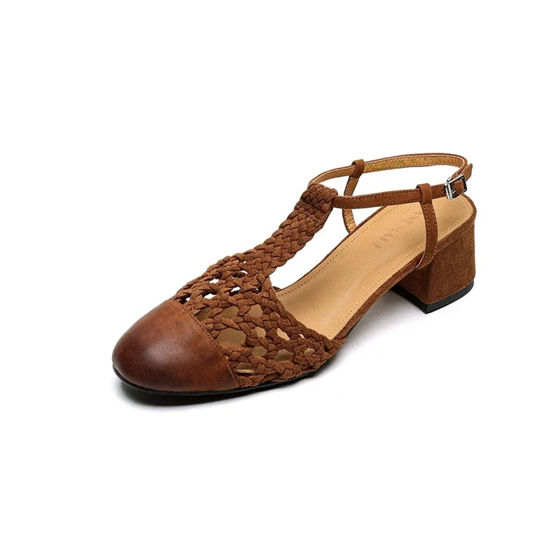 sheepskin woven hollow breathable retro high Heels