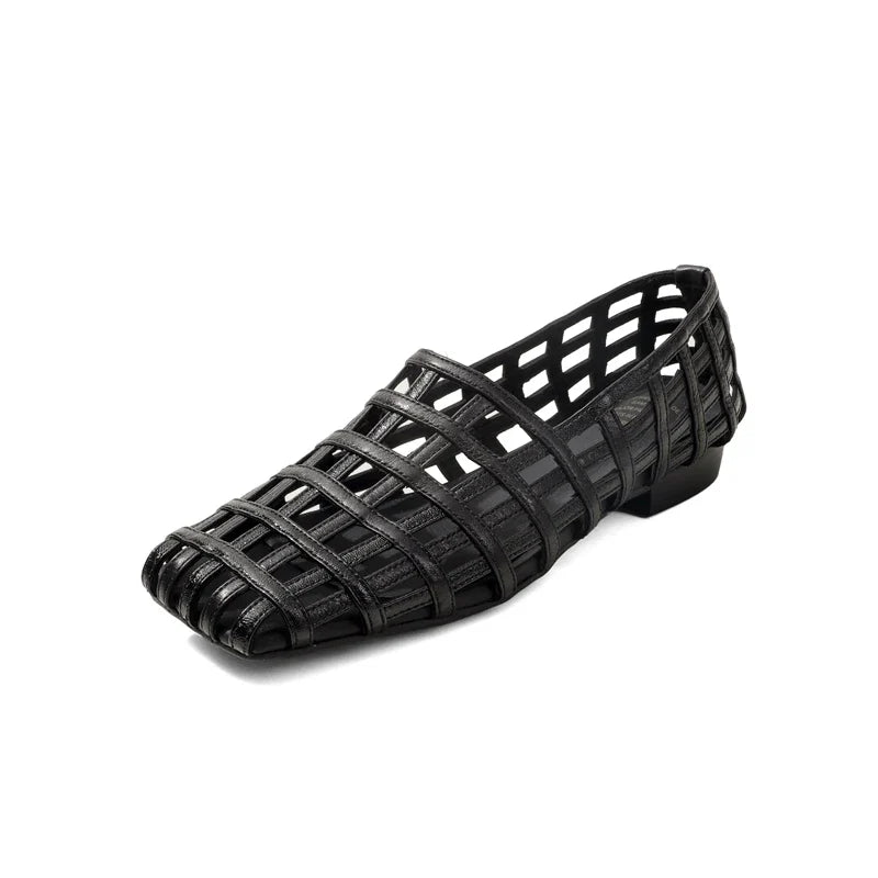 leather cowhide square toe hollow breathable and comfortable low Heel