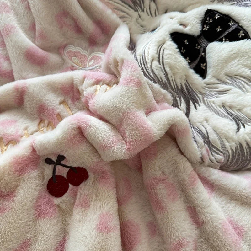 Pink Leopard Print Cute Cat Embroidery Velvet Warm Winter Bedding Set