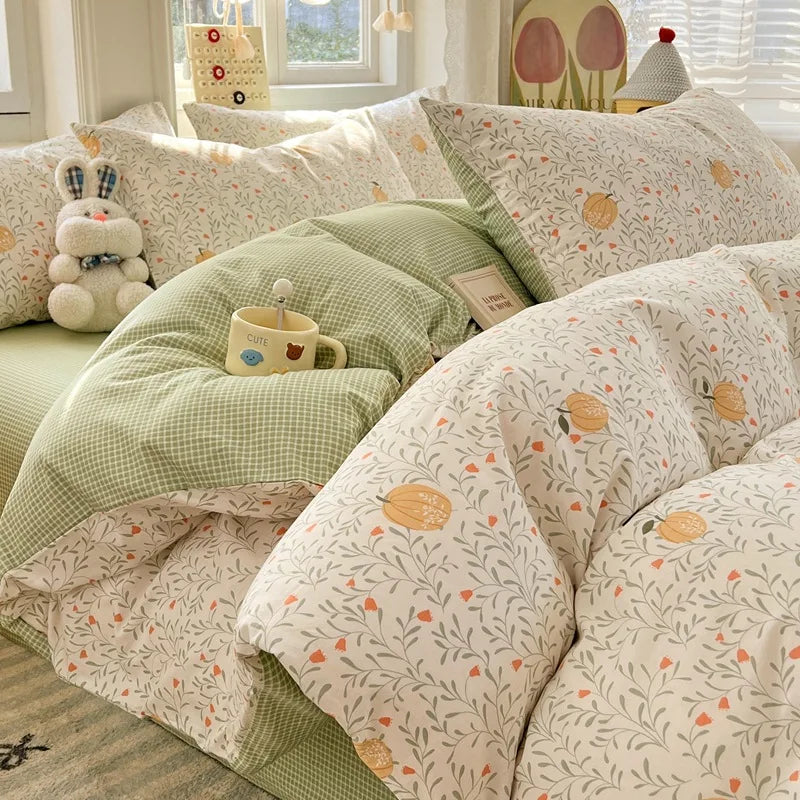 Japanese Style Floral Printed Queen Quilt Cover Set 3/4 Pcs Soft Cotton Bedding Set