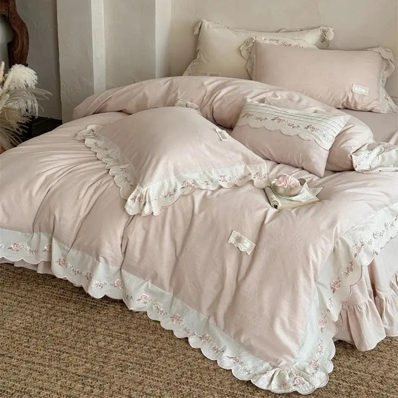 Vintage French Lace Flowers Embroidery Natural Cotton Linen Princess Bedding Set