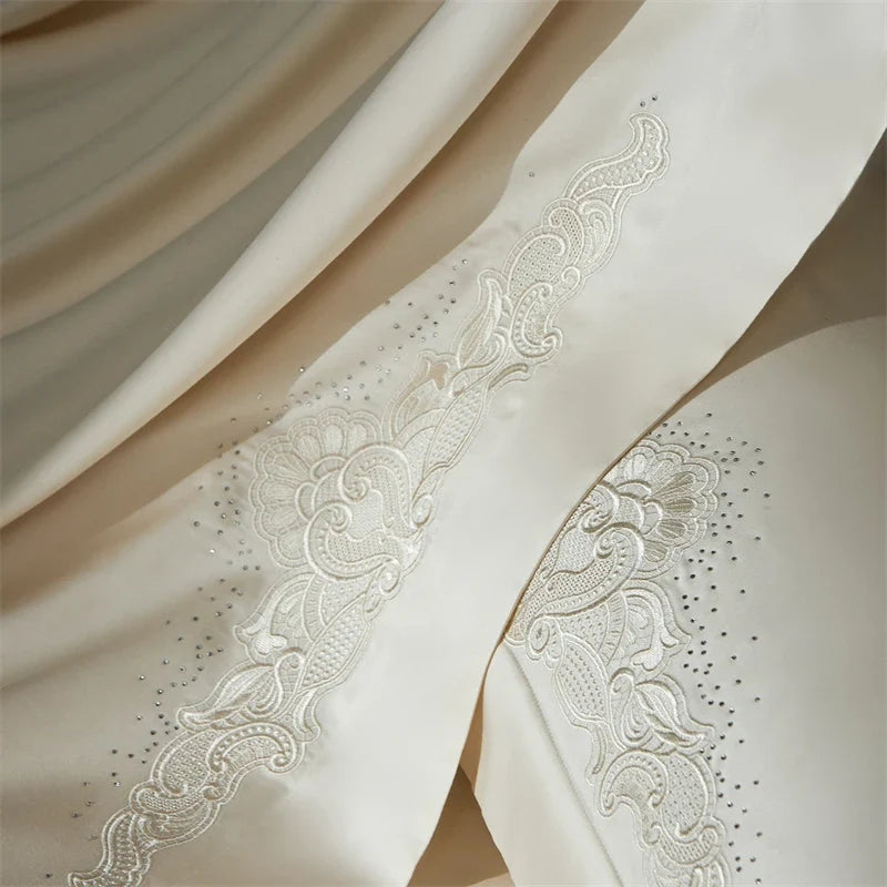 Luxury Lyocell Cotton Bedding Set, Champagne with Embroidery & Rhinestone Trim, Silky Soft Duvet Cover Bed Sheet Pillowcase 4Pcs