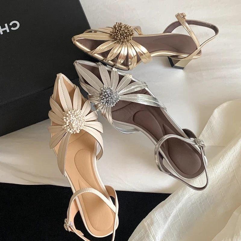 Sheepskin Flower Hollow Breathable High-Heeled High-End French Toe Sandals