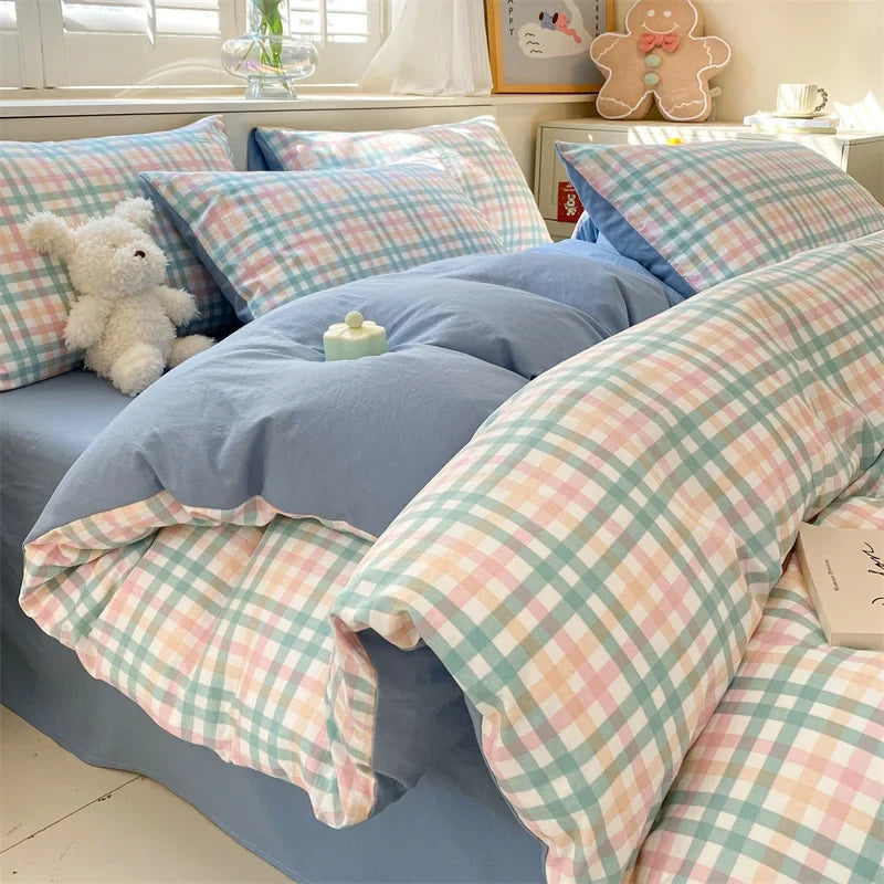3/4 Pcs Blue Checkered Bedding Set