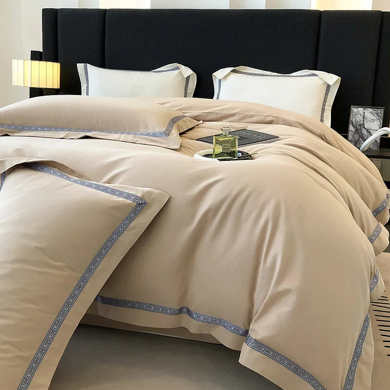 100% Cotton Thickened Brushed Fabric Simple Embroidery Bedding Set