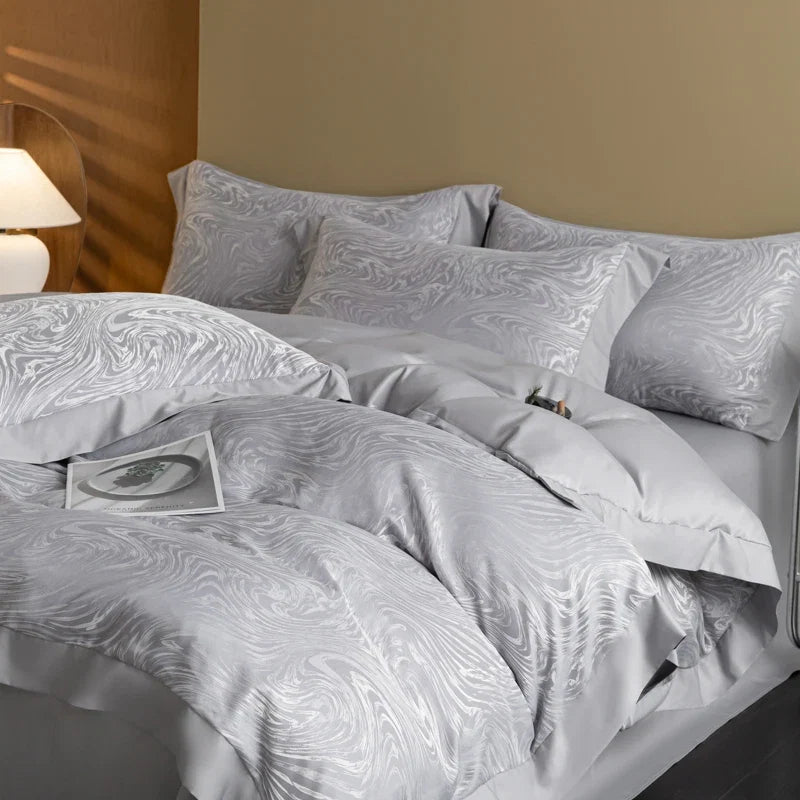 European Luxury Jacquard Ice Silk Duvet Cover Set Fashion Bow Pattern Queen King Bedding Set
