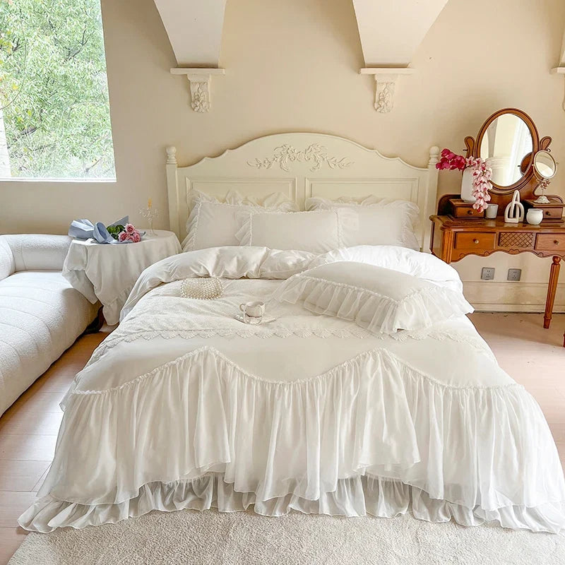 4/6Pcs White Pink Princess Wedding Bedding Sets