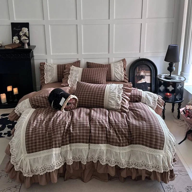 Vintage French Plaid Lace Ruffles 100% Cotton Bedding Set