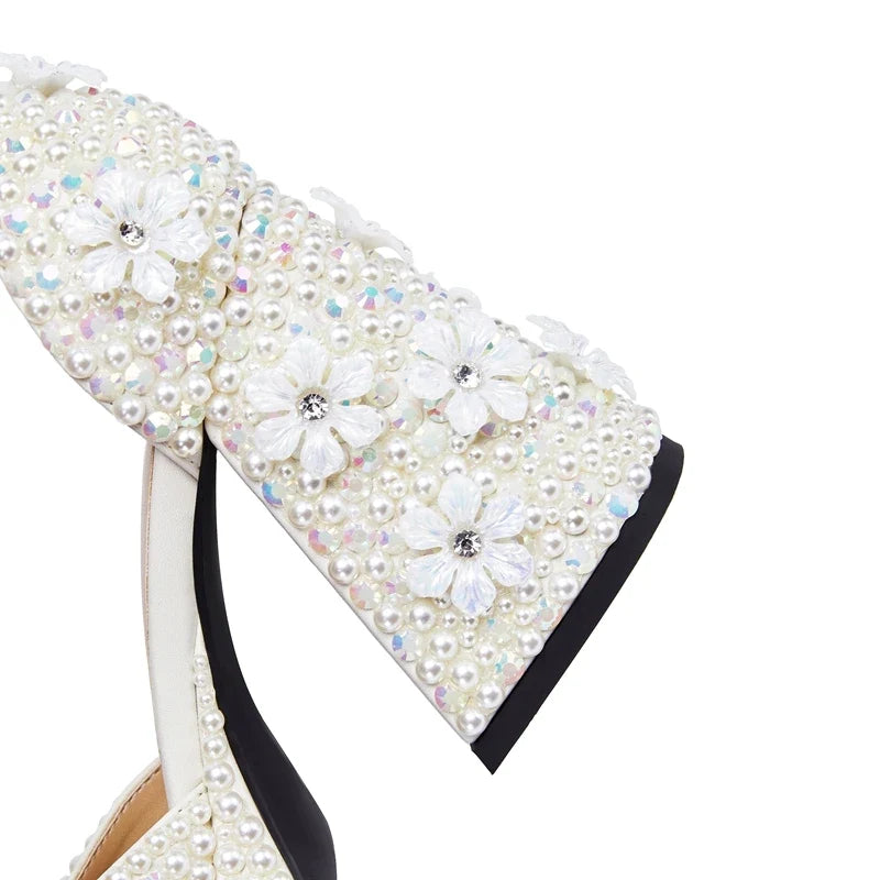 European and American Nightclub Princess Flower Buckle Pearl Thick Bottom Fish Mouth Open Toe Large Heel