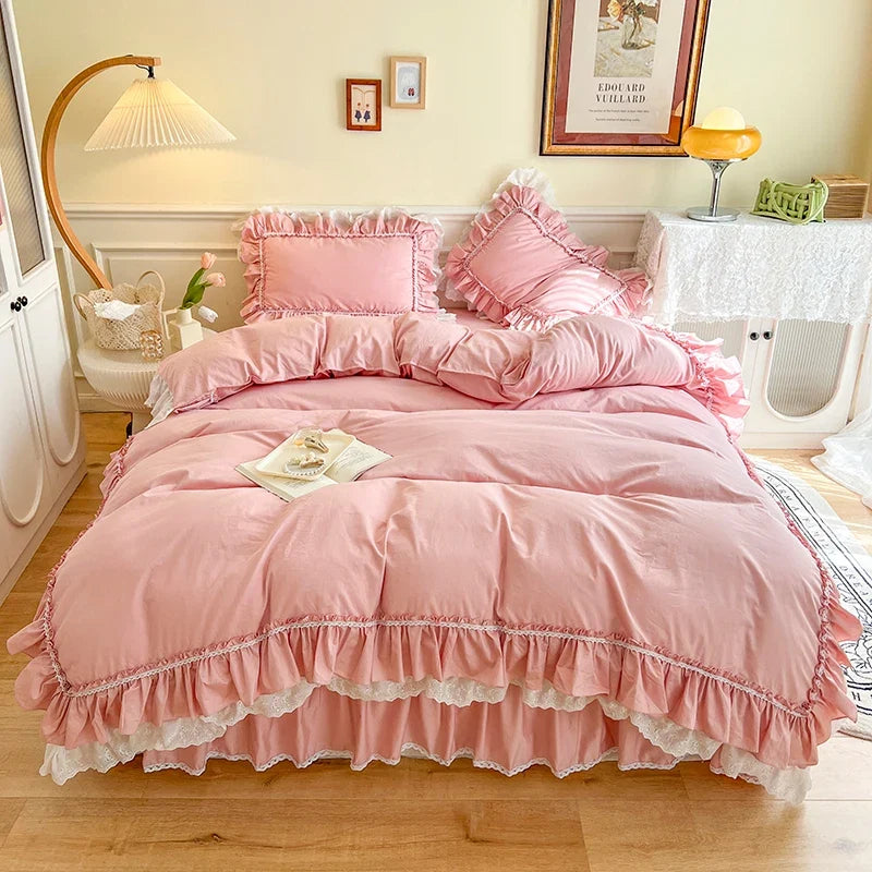 4Pcs White Korean Princess Style 100% Cotton Bedding Set