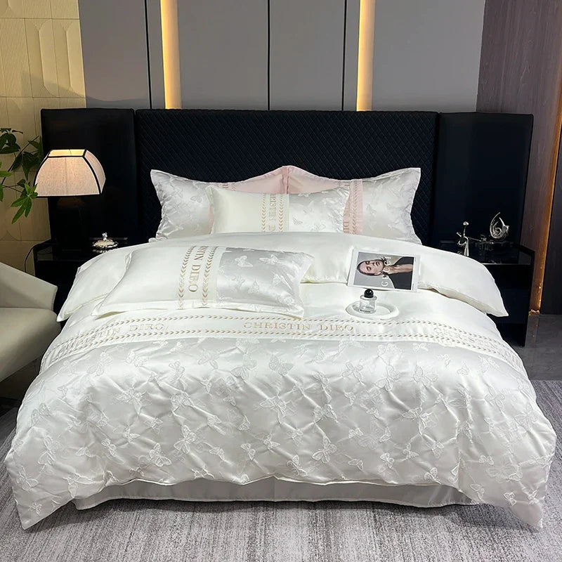 3/4Pcs White Luxury Egyptian Cotton Bedding Hotel Quality Washed Silk Cooling Queen Duvet Cover Summer Bedspreads Pillowcase