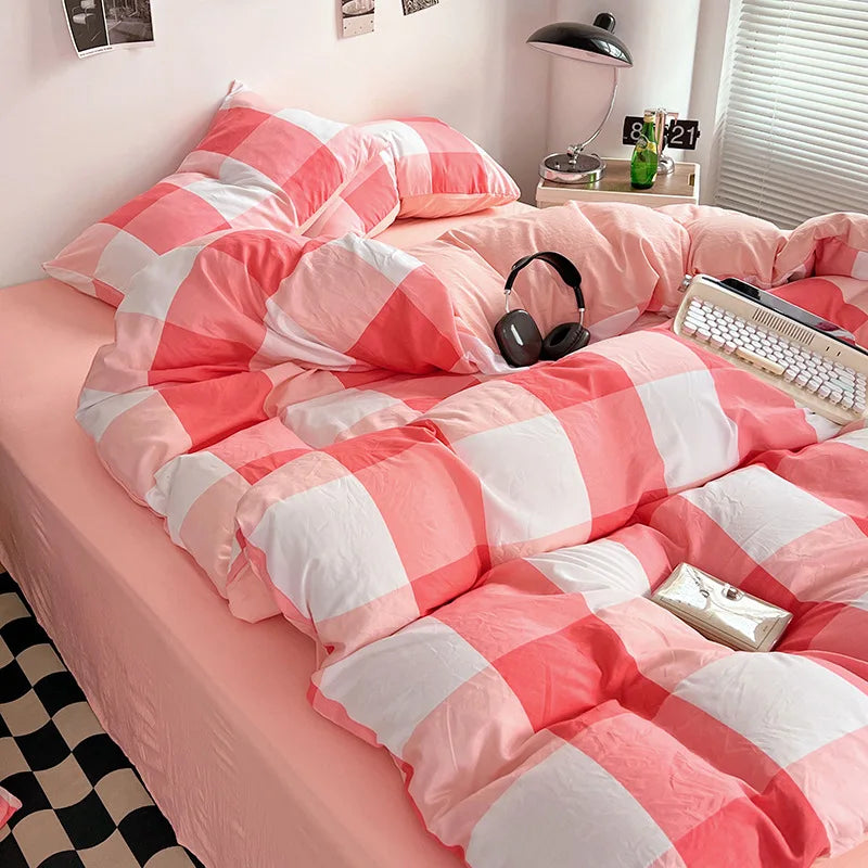 Japanese Style Bedding Sheet Set No Filler Striped Grid Minimalist Duvet Cover Pillowcase Double Queen Washed Cotton Bed Linens