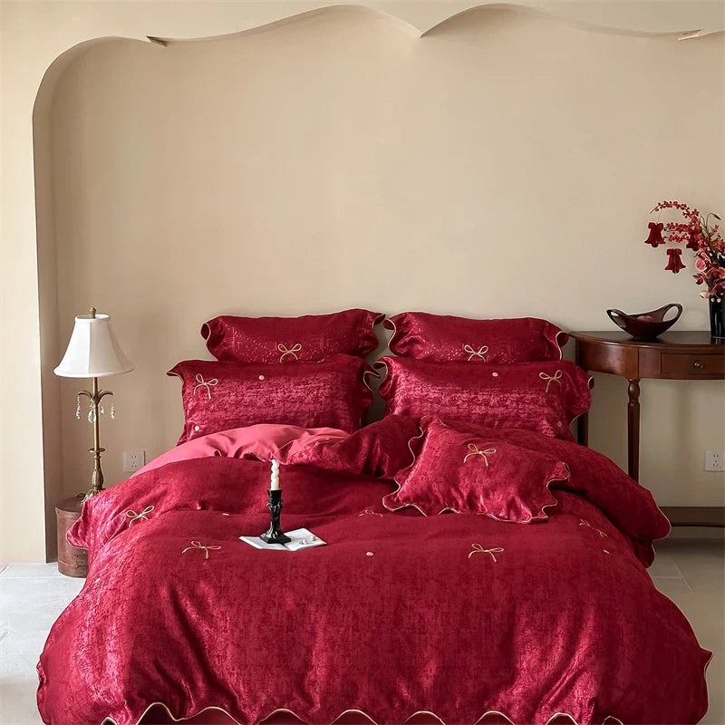 Gold Bow Embroidery Luxury Wedding Bedding Set