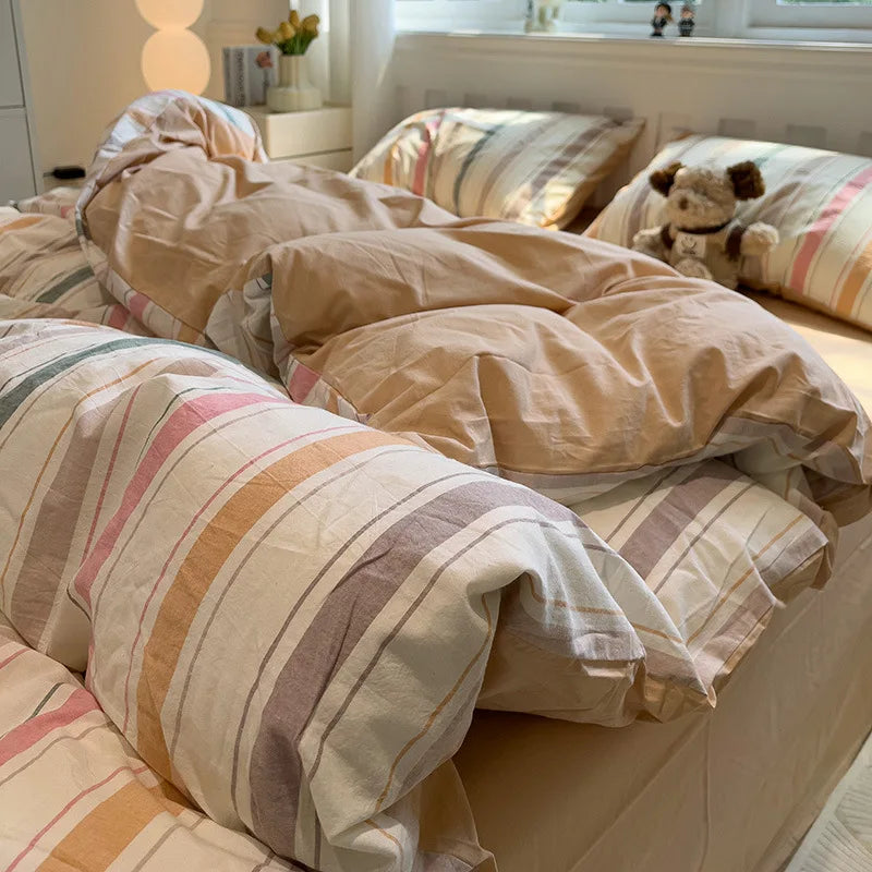 Simple Style Stripe Duvet Cover Set Bed Sheet Set Washed Cotton Bedding Set