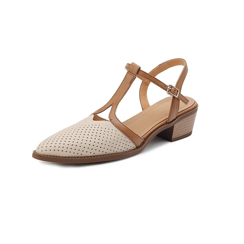 Sheepskin Hollow Breathable Elastic Buckle Middle Heel