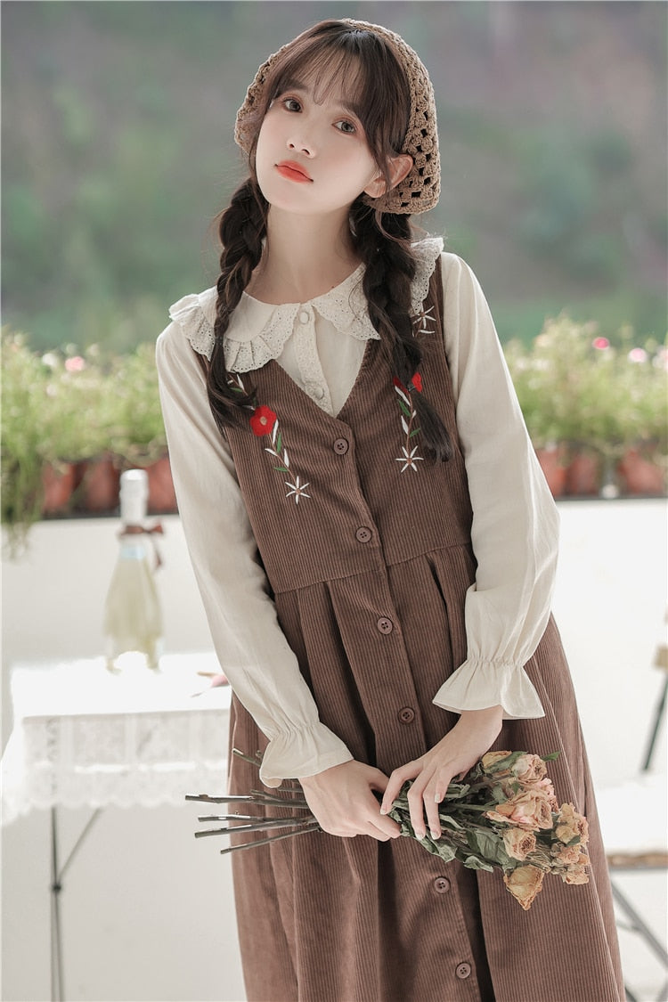 Meadow Petal Corduroy Flower Embroidered Cottagecore Dress