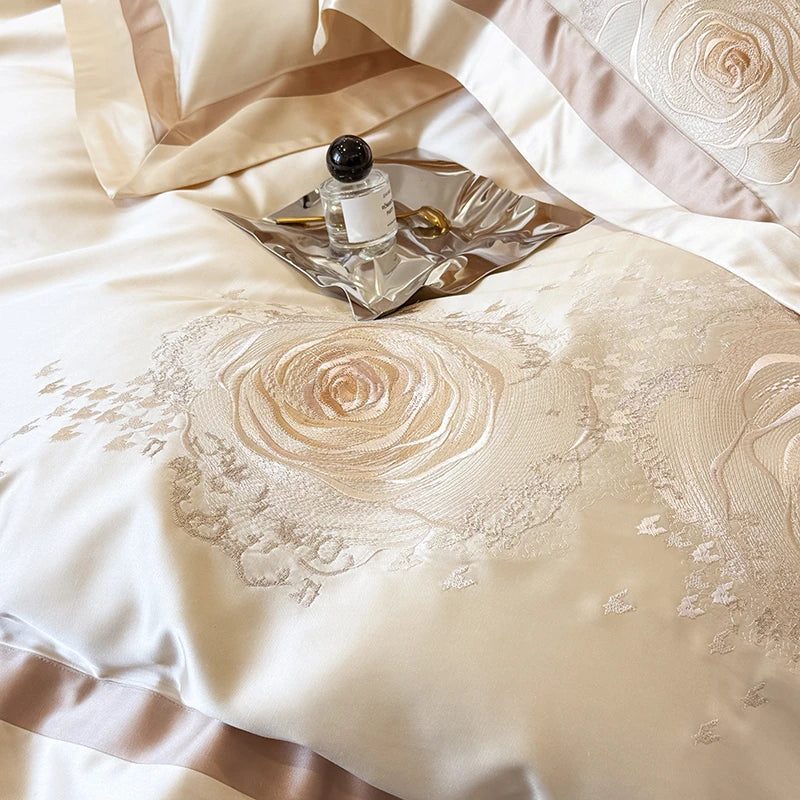 Luxury Rose Flowers Embroidery 1000TC Egyptian Cotton Premium Bedding Set