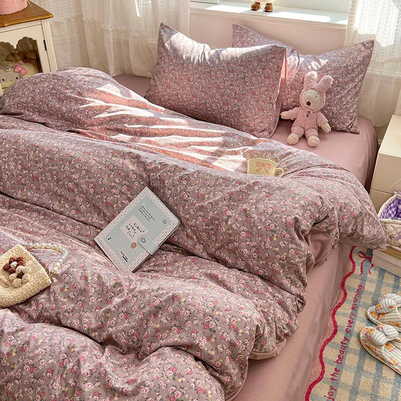 Japanese Floral Printed Duvet Cover Set Twin King Soft Homestay Bedding Set