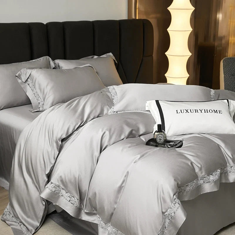 Premium 1000TC Lyocell Cotton Flowers Hollow Lace Wide Edge Embroidery Bedding Set