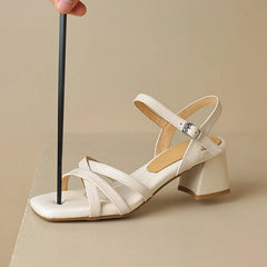Sheepskin Square Toe Open Toe High-Heeled Thick Heel