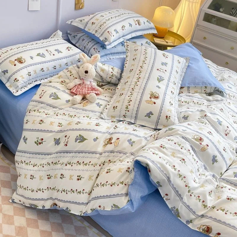 Cute Cherry Duvet Cover Set with Pillowcase Soft Summer Thin Flat Sheet Floral Boys Girls Queen Full Size Home Bedding Kit
