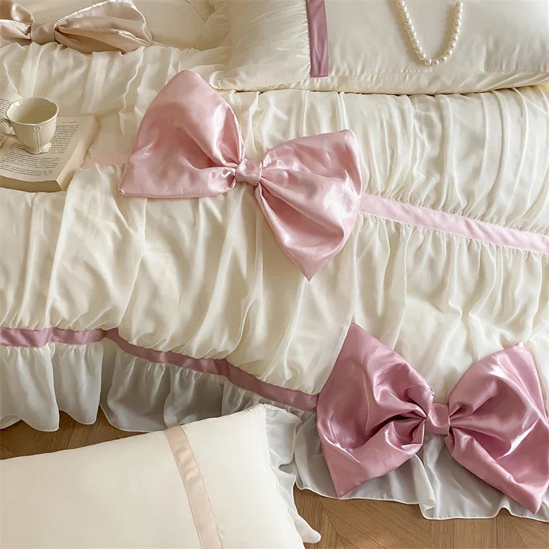 1000TC Egyptian Cotton French Princess Style Ruffles Lace Bow Bedding Set