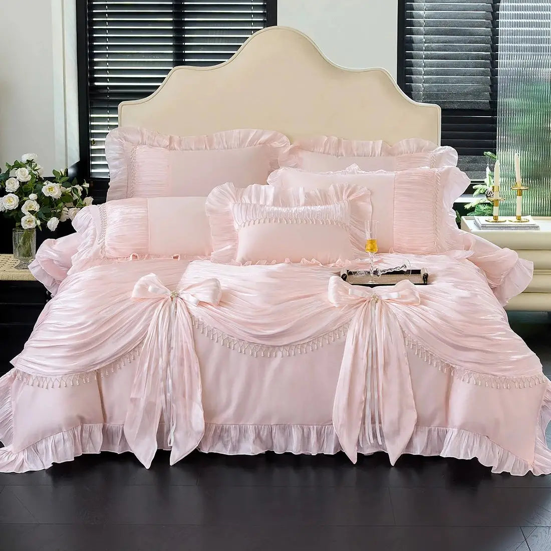 1000TC Egyptian Cotton Vintage French Palace Style Pleated Lace Ruffles Bow Bedding Set