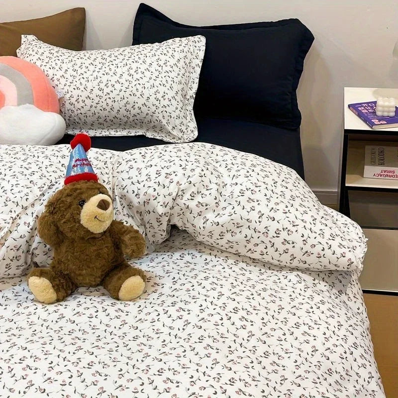 Red Black Duvet Cover Set Ins Floral Twin Queen Size Girls Boys Flat Sheet Pillowcase No Filler Soft Home Decor Bedding Set