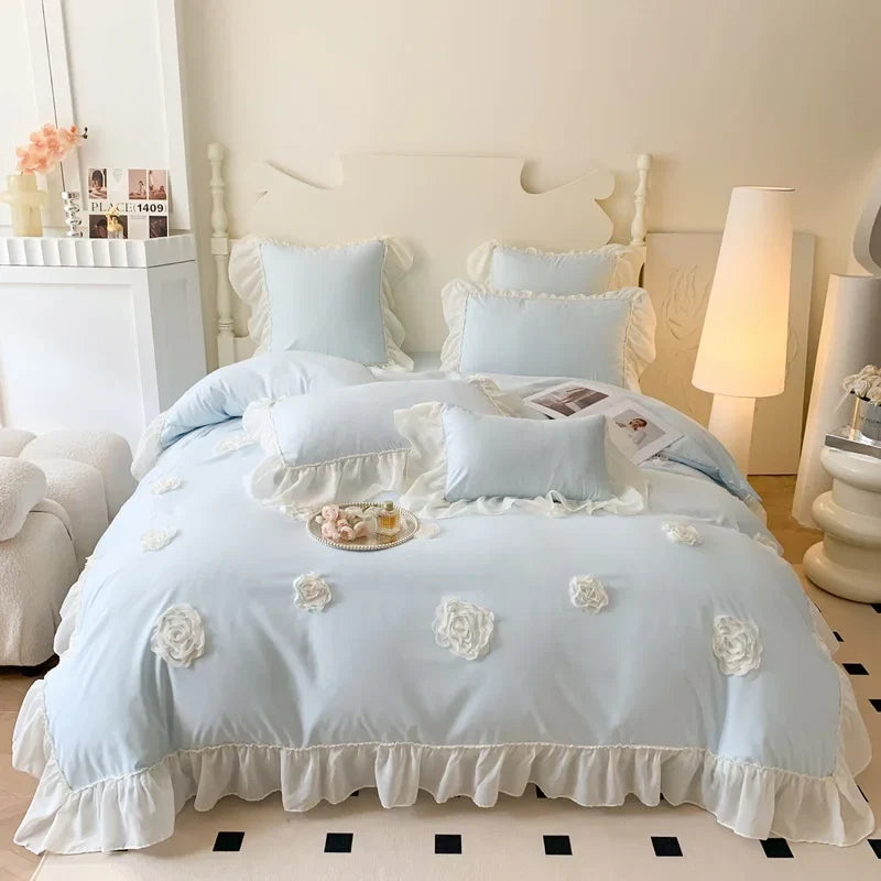 4Pcs French Princess Style Three-Dimensional Rose Flowers White Ruffle 2-Person Cotton Bed Linen Four-Season Pink Bedding Set
