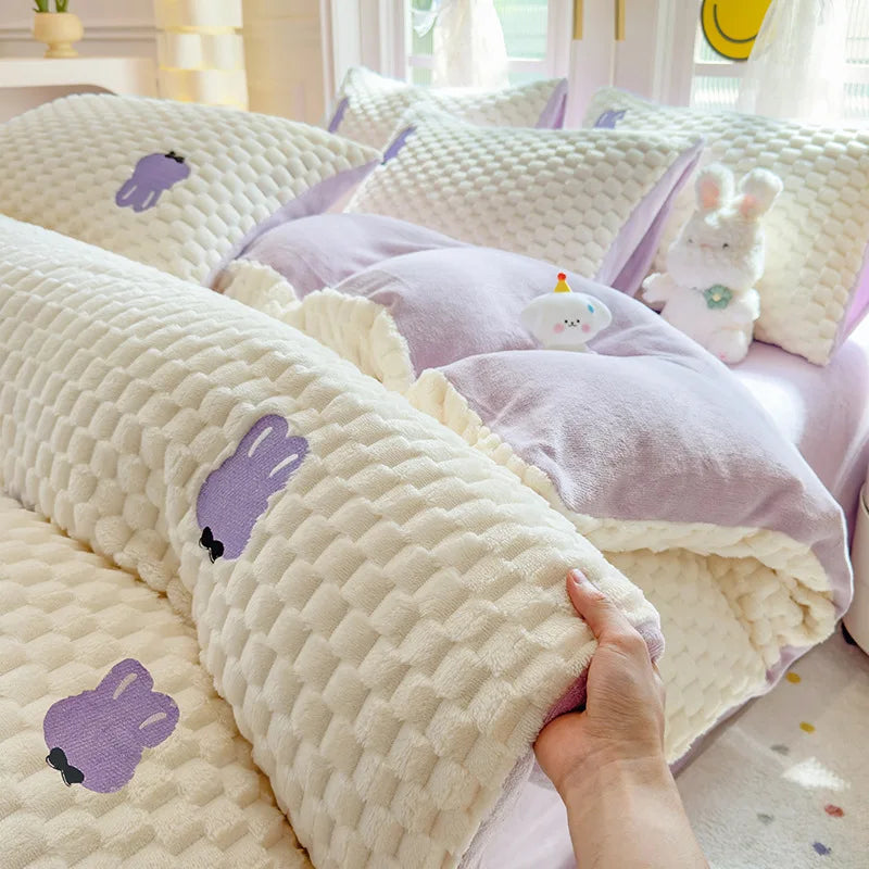 Winter Thicken Warm Duvet Cover Set Queen Bed Linens Set Milk Velvet Quilt Cover Bed Sheet Pillowcase 3/4pcs Luxury Bedding Set