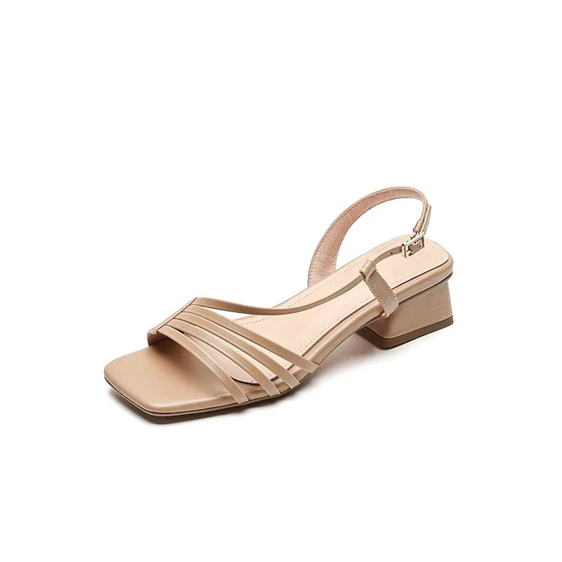 Leather Cowhide Square Toe Elastic Hollow Breathable Mid Heel