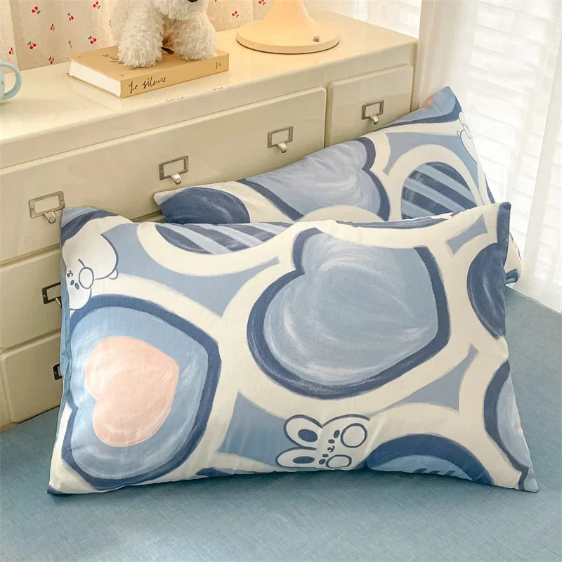 Heart Pattern 100% Cotton Duvet Cover Set with Flat Sheet or Fitted Sheet 3/4 Pcs Soft Breathable Queen King Size Bedding Set
