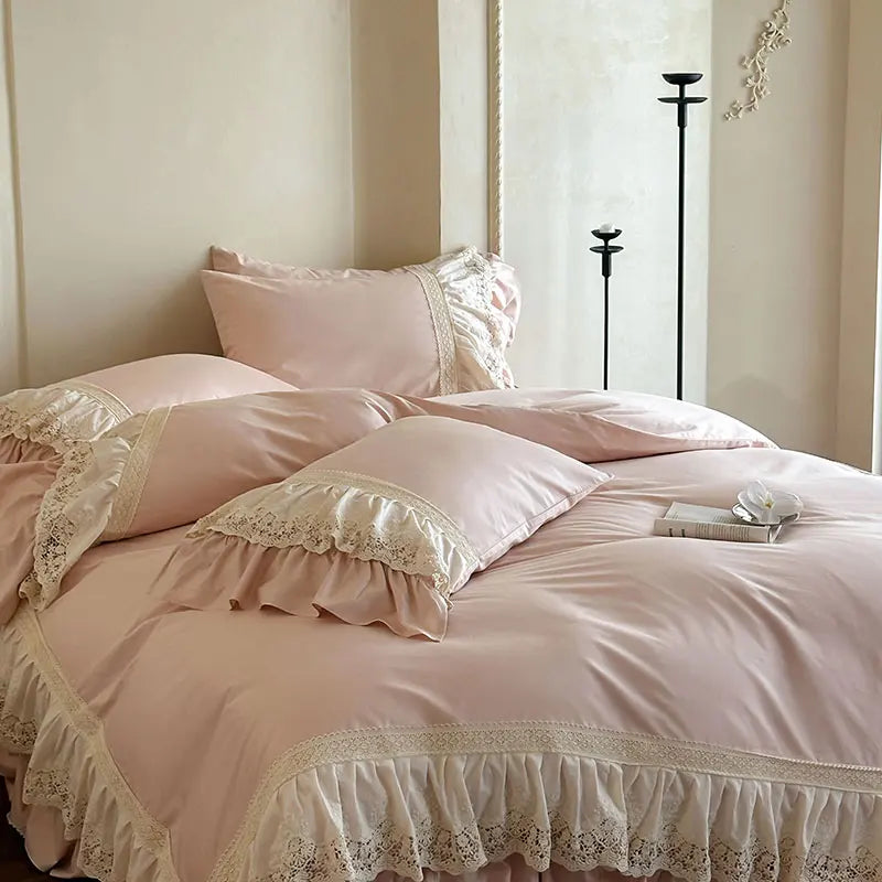 French Vintage Lace Ruffles Pure Cotton Princess Bedding Set